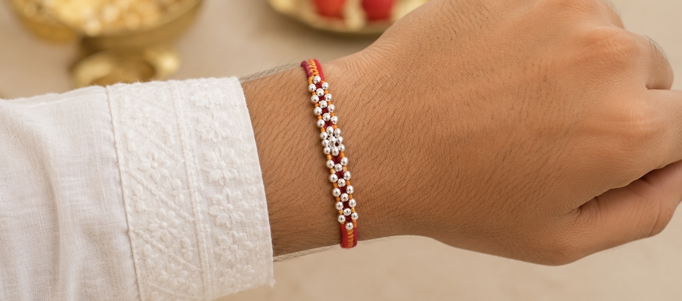 Handcrafted Silver Beads Rakhi - Image 2