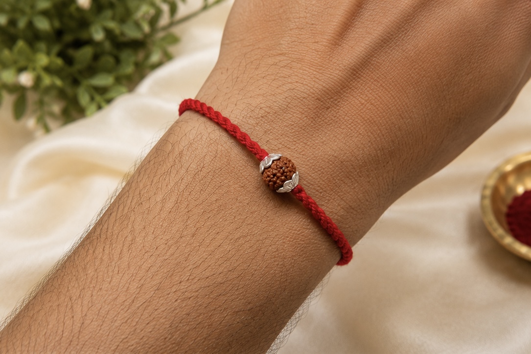 Handcrafted Silver Single Rudraksh Rakhi - Image 2