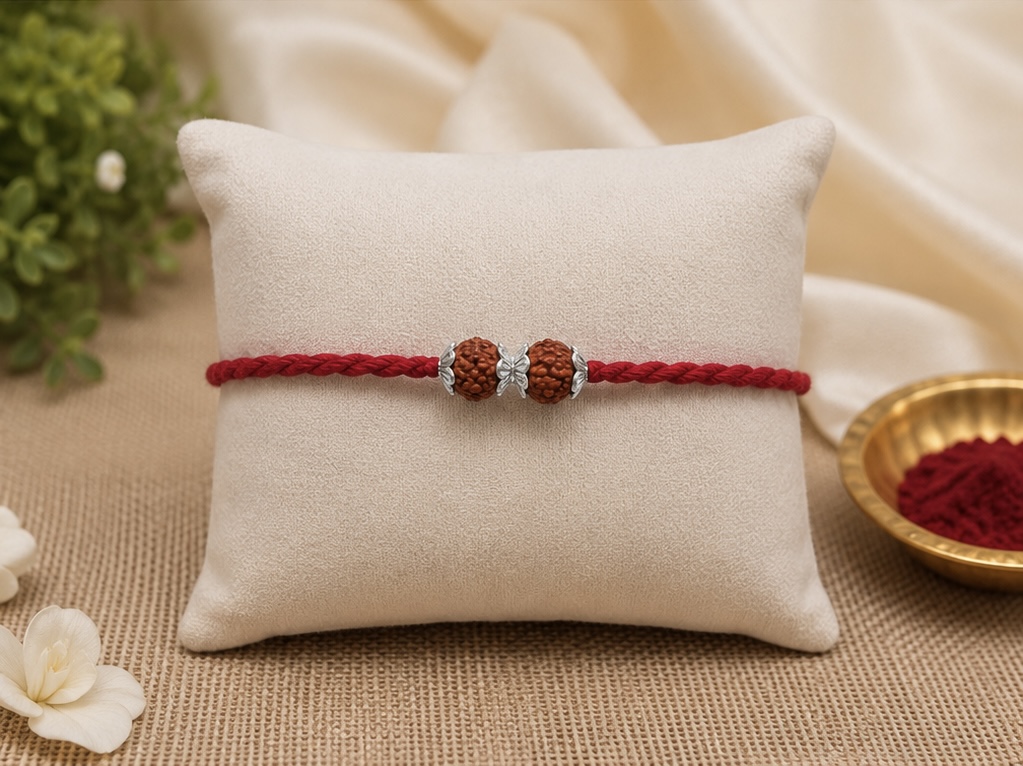 Handcrafted Silver Double Rudraksh Rakhi