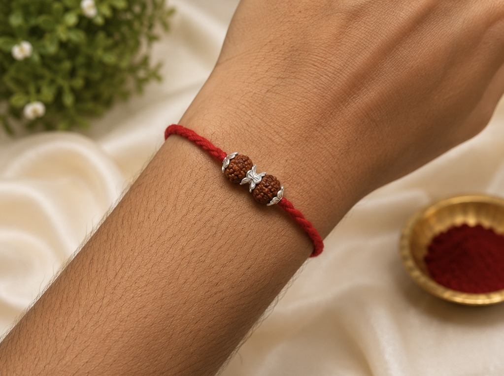 Handcrafted Silver Double Rudraksh Rakhi - Image 2