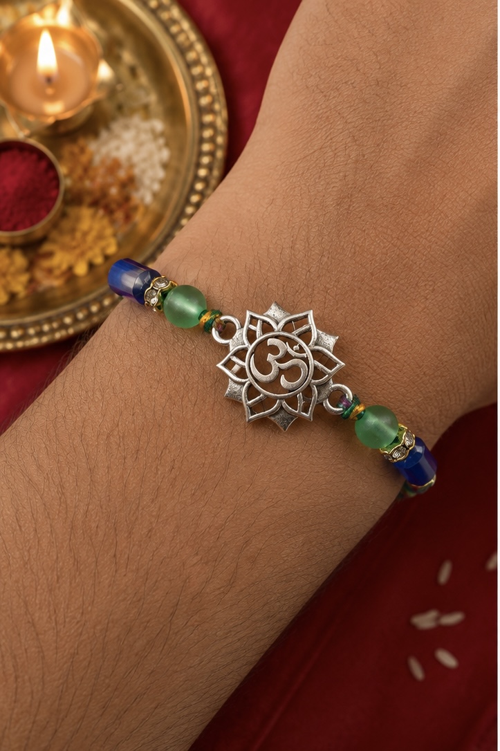 Handcrafted Silver Om Lotus Rakhi - Image 2